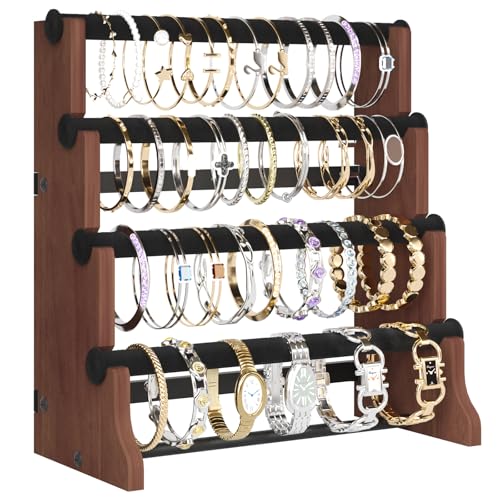 ORLESS 4 Tier Bracelet Holder, Detachable Velvet Jewelry Display Stand, Rustic Wood Necklace Storage Organizer Display Stand, Wall Mounted Holder Display for Bangles Watch Bracelets,Blackbrown - color: Blackbrown