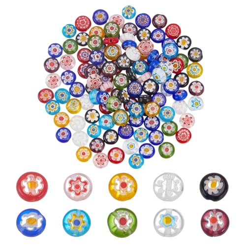 120pcs Handmade Millefiori Lampwork Glass Beads Flat Round Mixed Color Spacer Bead 7-9mm Loose Beads Multiple Pattern for Bracelets Earring Necklace Jewelry Making DIY Supplies - size: 7-9mm