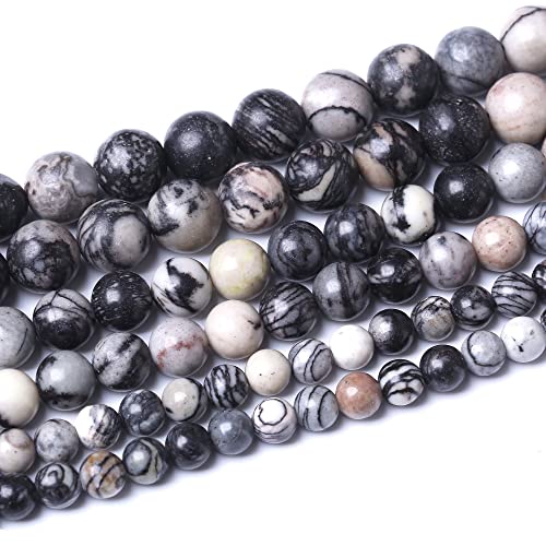 Round Loose Beads Natural Gem Beads Crystal Energy Stone Beads for Jewelry Making DIY Bracelet Necklace (Black net Work, 8MM) - color: Black net work, size: 8mm