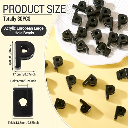 Craftora 30Pcs 20mm Black Large Letter Beads, Acrylic Big Alphabet Beads, Chunky Initial Letter P Bead with Large Hole for Friendship Bracelets Keychain Bag Charms Shoelaces - color: Letter P