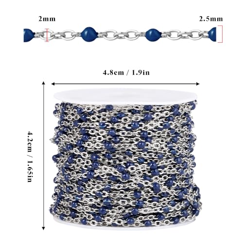 33 Feet Stainless Steel Enamel Chains Bulk, 2mm 304 Stainless Steel Navy Blue Enamel Beaded Cable Link Chain Roll Spool for Jewelry Making - color: Stainless Steel Navy Blue Beads