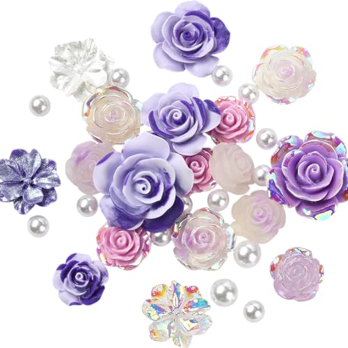 BEEFLIYNG 1 Pack Random 3D Resin ABS Colorful Rose Flower Butterfly Bow Charm Pearl Bead Acrylic Floral Decor Cabochons for Bracelet Earring Necklace Phone Case Craft DIY Jewelry Making - color: Purple