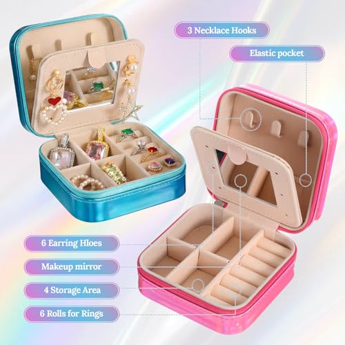 Nosiny 2 Pack Mother's Day Travel Jewelry Box with Mirror Small Laser Jewelry Case Organizer for Women Gift Rings Earrings(Rose Red and Dark Blue) - color: Rose Red and Dark Blue