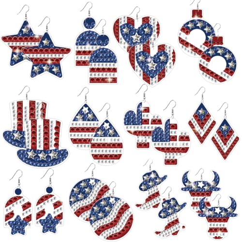 BEUNITONE Diamond Art Earring Making Kit for Adults, American Style Patterns DIY Jewellery Supplies with 12 Designs, Crystal Beads and Ear Hooks for Handmade Craft Gift - style: America