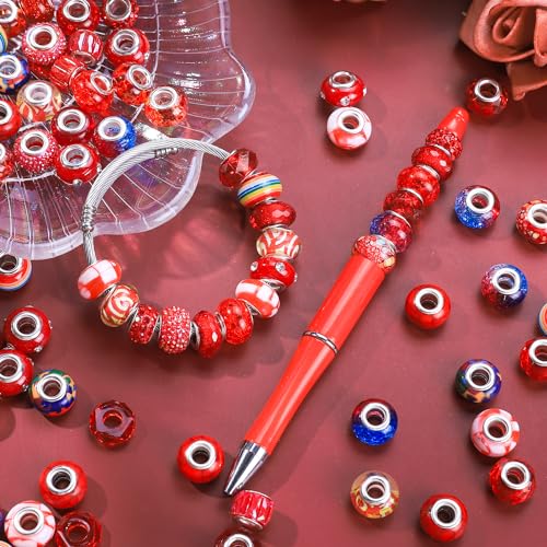 100 Pieces Assorted European Large Hole Fairy Wand Garden Beads, Mixed Color Lampwork Spacer Craft Beads for DIY Jewelry Making Supplies(Red) - color: Red