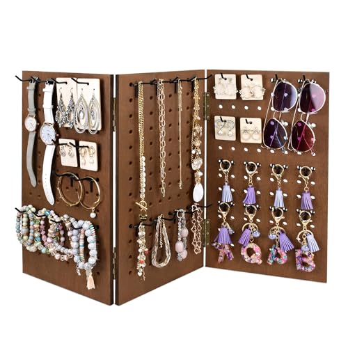 MOOCA Wall-Mountable Wooden Foldable 3-Panel Pegboard Jewelry Display Organizer with 48 Removable Black Hooks, Vertical or Horizontal Display, Ideal for Travel, Brown Color - color: Brown, 3 Panel w/Hooks