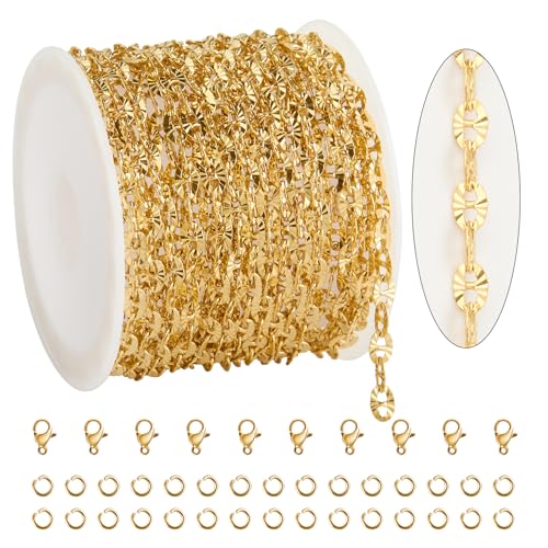 KYUNHOO 9.8 Feet Stainless Steel Jewelry Making Chains Gold Plated Chains Bulk Embossed Oval Chain Links with Lobster Clasps Jump Rings for Handcraft Making Supplies - color: Embossed Oval Gold