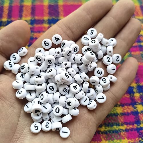 Amaney 600pcs White Acrylic Number Beads 0-9 Symbol # Heart with Storage Box 7x4mm - color: WhiteBoxed, size: 7x4mm