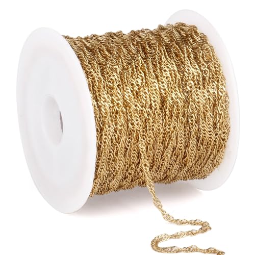 33 Feet Gold Singapore Chains Roll, 2mm 18K Gold PVD Plated 304 Stainless Steel Twisted Link Chain Bulk Spool for Jewelry Making DIY Craft - color: 2mm Gold Color