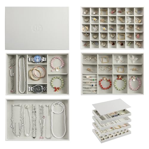 EZDeco Jewelry Organizer Tray with Lid,Extra Large Set of 4 Jewelry Trays for Drawers Stackable Jewelry Holder Inserts PU Leather Jewellery Storage for Ring Earring Necklace Bracelet for Mom(Grey)
