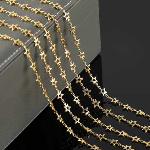 YOUBEIYEE 13 Feet Star Chain for Jewelry Making 18K Gold Plated Brass Chain Spool Hollow Stars Link Chain Jewelry Craft Chains Bulk - color: Star