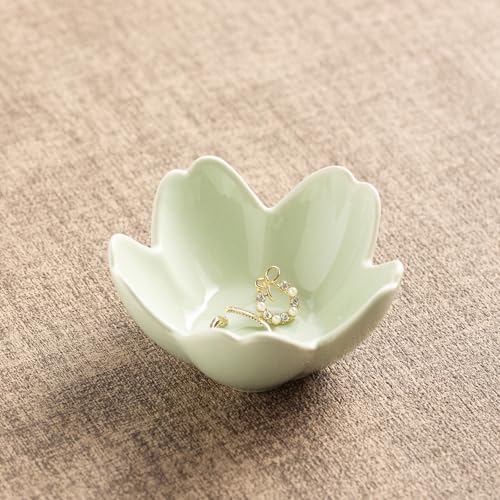 Floral Ceramic Jewelry Tray - 3.5" Elegant Ring Holder Dish & Trinket Bowl for Vanity Dresser Decor (green) - color: green