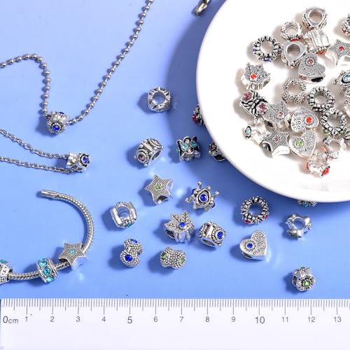 50pcs Large Hole Metal Spacer Beads for Bracelet Necklace Jewelry Making, Rhinestone Focal Beads for Pen Hair Keychain, Mixed Style (50Pcs Rhinestone) - color: 50Pcs Rhinestone