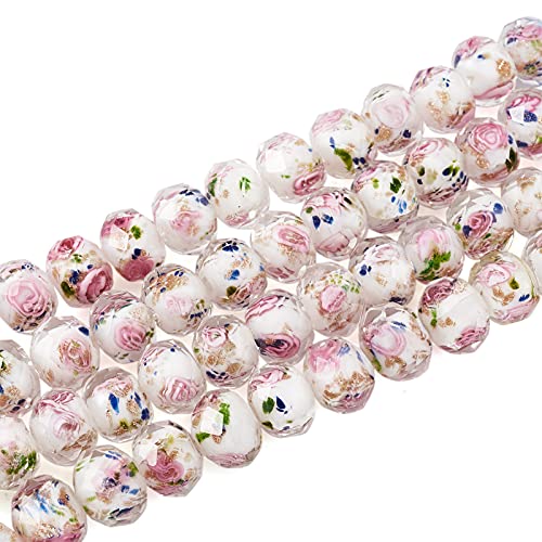 Elecrelive 60Pcs Gold Sand Lampwork Beads White Rondelle Flower Glass Beads 10mm Floral Crystals for DIY Bracelet Necklace Earring Jewelry Making - color: White