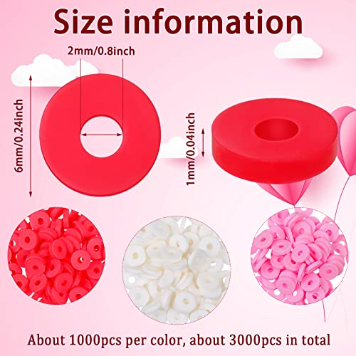 Batiyeer 3000 Pcs Valentine's Day Polymer Clay Beads Set 6 mm Heishi Clay Beads for Jewelry Making DIY Bracelet Necklace Accessories Craft Party Supplies (Red, Pink, White) - color: Red, Pink, White