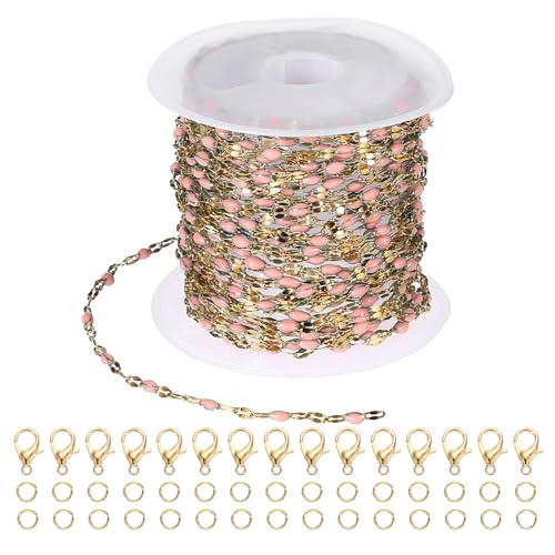 PATIKIL Stainless Steel Jewelry Chain, 16Ft 2mm Pink Enamel Link Cable Chains for Necklace Earring Bracelet Findings Jewelry Making Trucker Hat Chains, Gold/Pink - color: Gold/Pink