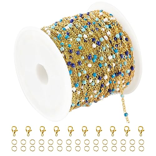 UMAOKANG 33 Feet/10M Blue Mixed Color Bead Chains for Jewelry Making Gold Plated Stainless Steel Soldered Cable Thin Chain on Spool Bracelet DIY Jewelry Findings - color: Blue Mixed Bead-Gold