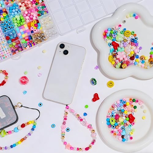 MYCUTEY DIY Phone Charm Making Kit with 657Pcs Colorful Pony,Letter,Football,Star,Flower Beads,Craft Supplies for Jewelry-Making,Necklace,Bracelet Personalized Name Making Gift for Women Kids Girls - color: Phone Charm Kit