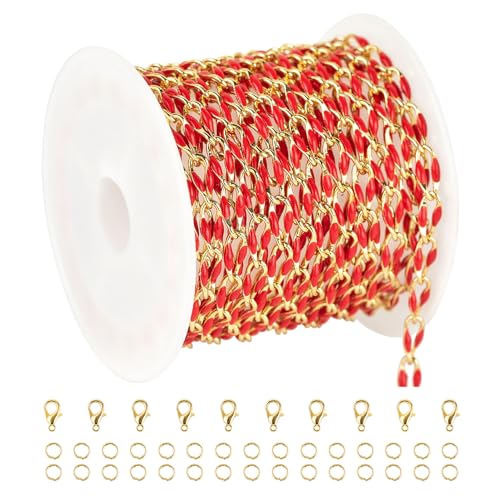 YOUBEIYEE Red Oil Drip Chain for Jewelry Making Gold Plated Brass Chain Roll with Jump Rings and Lobster Clasps Jewelry Supplies - color: Red