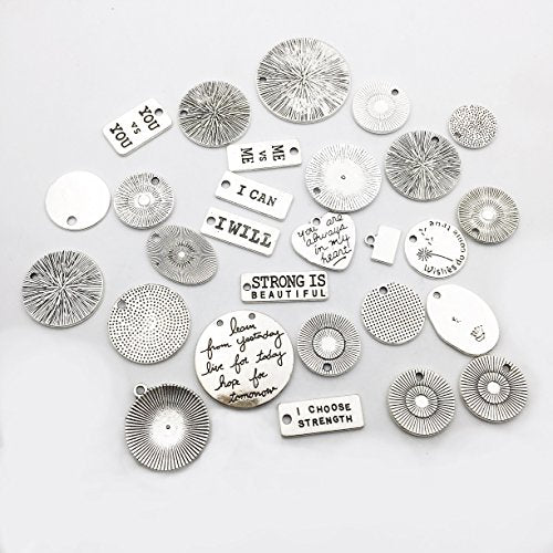 30pcs Inspiration Words Charms Craft Supplies Mixed Pendants Beads Charms Pendants for Crafting Jewelry Findings Making Accessory for DIY Necklace Bracelet (Antique Silver)