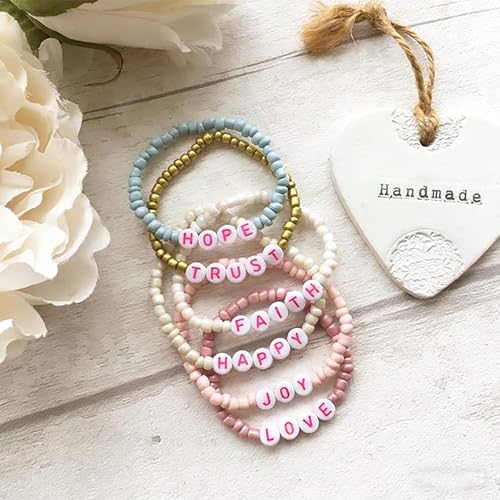 Pink Letter Beads Alphabet Letters White Round Bead, 4x7mm 1200pcs, Pink Beads for Bracelets Friendship Bracelets Making Kit Beads with Box - color: Pink Letter White Bead, size: 4×7mm(Round)