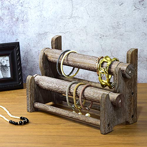 Ikee Design Wooden 2-Tier Bar Bracelet Bangle Jewelry Holder Stand Display Organizer, Wood Bracelet Bangle Holder, Coffee Color, 11.75 W x 5.37 D x 8 H in - color: Coffee