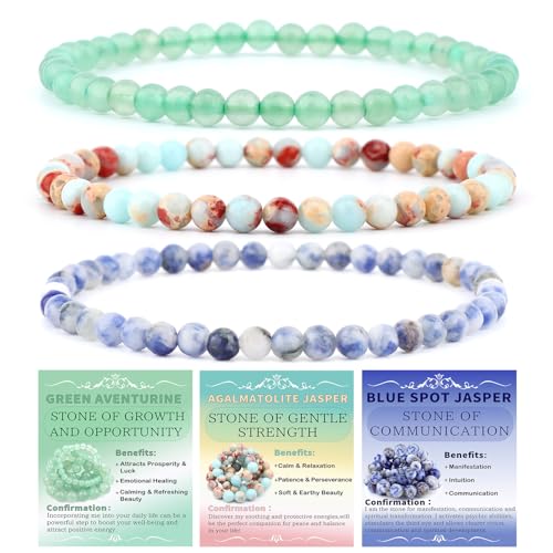 2/3-Pieces 4mm 6mm 8mm Natural Crystal Gemstone – Handmade Reiki Energy Healing Stretch Bracelets Jewelry for Yoga, Meditation, Unisex - color: 3 Pieces (AgalmatoliteJasper&BlueSpot&GreenAventurine), size: 4mm