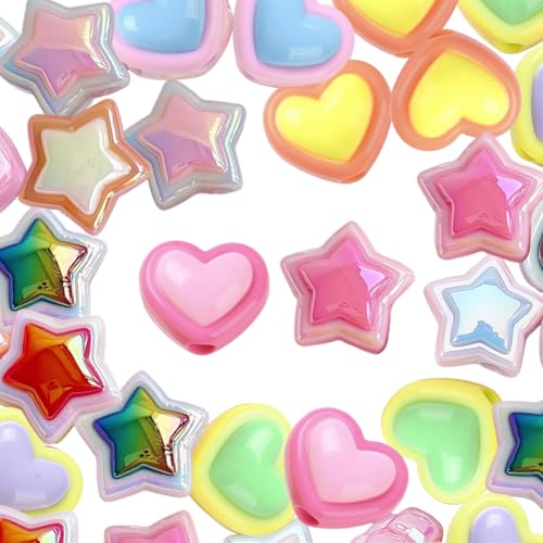 50Pcs 2 Styles Star Pen Bead Focal Acrylic Beads Colorful Opaque Heart Chunky Bubblegum Beaded Smooth Shiny Loose Spacer Bead for Jewelry Making Beadable Pens Charms Bracelets Decorations