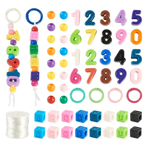 72Pcs Colorful Acrylic Number Beads with Rainbow Square Letter Beads, Round Bubble Bead for Keychain Bracelet Necklace Jewelry Making with Knotting Cords, Spring Gate Rings - color: Mixed Color, Number