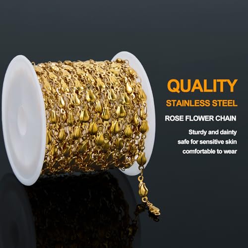 KYUNHOO 13 Feet Gold Plated Stainless Steel Chain for Jewelry Making Beautiful Rose Links Solid Flower Chains for Crafts DIY with Clasps Jewelry Findings - color: Rose Gold