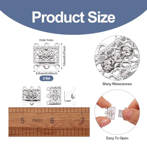 Pandahall 2 Sets Metal Tone Brass Rhinestone Rectangle Filigree Clasps, 3-Strand Box Clasps, Platinum