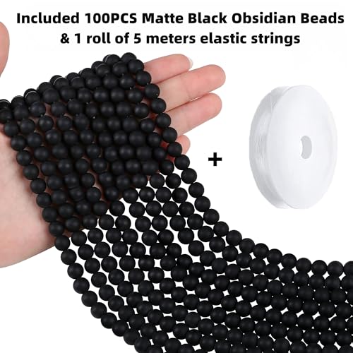 QINJIEJIE 100PCS Matte Black Obsidian Beads 8mm Natural Stone Beads Round Loose Gemstone Bead for Bracelet Beading Crystal Jewelry Making DIY Necklace Earrings 0.32" - color: Matte Black Obsidian, size: 100PCS