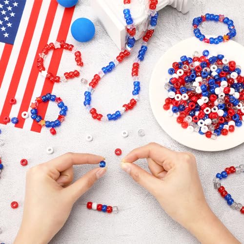 UPINS 1200Pcs Red White Blue Pony Beads, 1200Pcs Independent Day Patriotic Beads 4th of July Pony Beads for Jewelry Making Crafts DIY Necklace Bracelets Hair Beads - color: Red White Blue