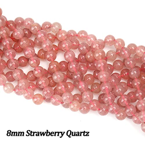 70PCS Natural 8MM Healing Gemstone, Strawberry Quartz Energy Stone Round Loose Beads, Semi-Precious Crystal Beads with Free Elastic String for Jewelry Making DIY - color: Strawberry Quartz