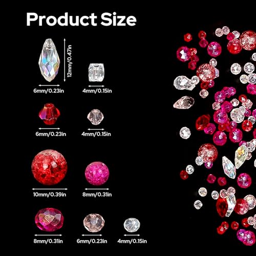 1000pcs Glass Beads for Jewelry Making Colorful Rainbow Craft Crystal Beads with Loose Beads Sparkly Beads for DIY Necklace Bracelet Earring(Red/Pink) - color: Red/Pink