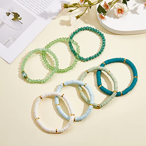 Ornaland 7Pcs Handmade Polymer Clay Heishi Surfer Stretch Bracelets Set Colorful Glass Beads Bracelets Boho Stackable Preppy Bracelets Wrist Jewelry for Women - color: Green