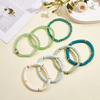 Ornaland 7Pcs Handmade Polymer Clay Heishi Surfer Stretch Bracelets Set Colorful Glass Beads Bracelets Boho Stackable Preppy Bracelets Wrist Jewelry for Women - color: Green