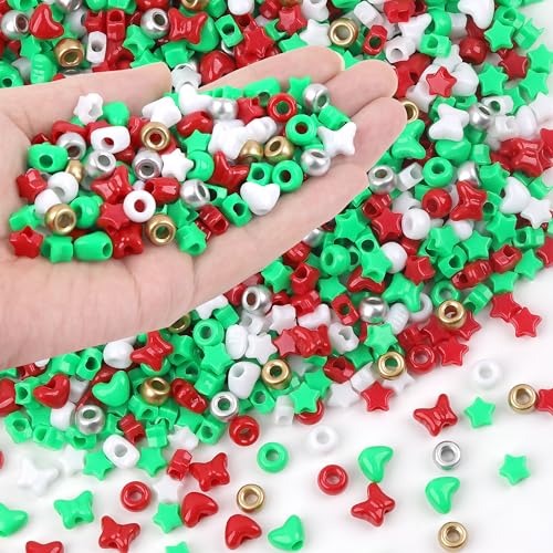 White Red Green Pony Beads Shapes for Jewelry Making 1000 Pcs Plastic Heart Star Butterfly Gold Silver Round Beads for Christmas Decorations Friendship Bracelet Making Necklace Supplies - color: Red White Green Gold Silver