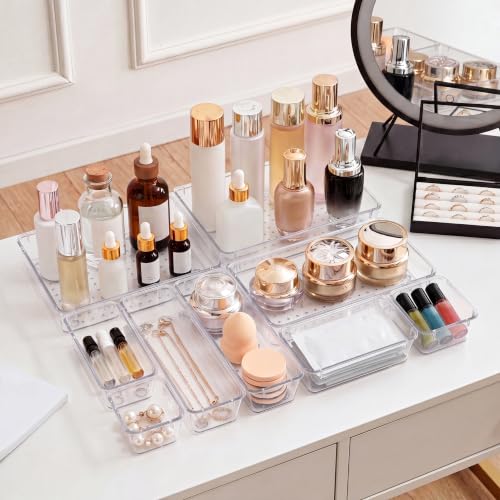 13 Pcs Desk Organizer Tray for Makeup, 5 Sizes Vanity Makeup Drawer Organizer Set, Non-Slip Desk Drawer Organizer Trays for Bathroom, Bedroom, Office, Fits Jewelry - size: 13Pack