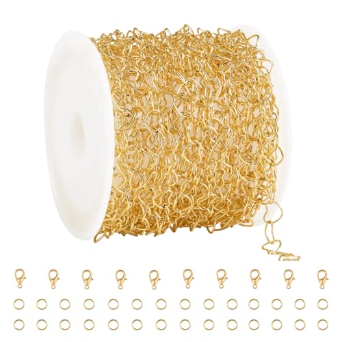 GTVOODX 16.4 Feet Stainless Steel Heart Link Chains 18K Gold Plated Soldered Jewelry Chain Roll Spool for DIY Jewelry Bracelet Necklace Making with Lobster Clasps Jump Rings - color: Gold Heart
