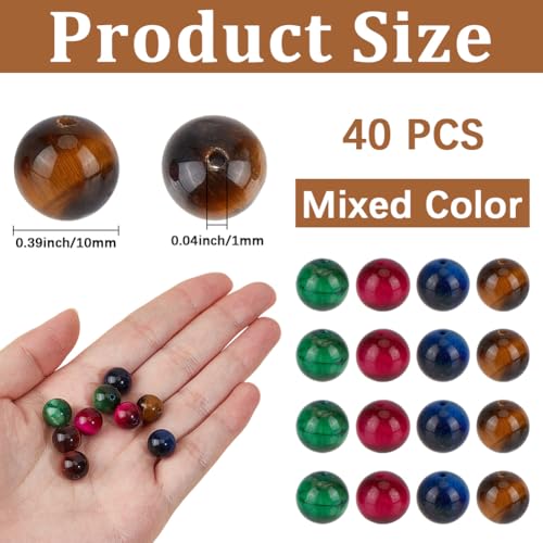 40PCS 10MM Natural Tiger Eye Beads with Hole Round Gemstone Pink Blue Green Energy Stone Smooth Polished Loose Spacer Bead Bulk for Jewelry Making Earrings Bracelets Necklaces DIY Crafts - size: 10mm 40pcs