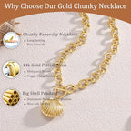 CHESKY 14K Gold Plated Chunky Necklace for Women, Trendy Paperclip Chain Necklace Thick Cross Heart Pendant Necklace Layered Herringbone Cuban Link Chain Toggle Necklaces Non Tarnish Jewelry - color: gold, style: shell