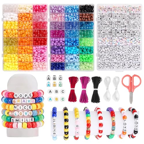 Beadiebling 4000 Pcs 6 * 9mm Pony Beads Bulk in 48 Colors - Friendship Bracelet Making Kit with 2400 Plastic Beads & 1600 Letter Beads in 3 Storage Boxes with 2X Strings, 3X Braided Ropes & Scissor - color: 4000 Pcs - 48 Colors