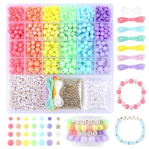 Candy Color Acrylic Beads Kit Pastel Round Beads Assorted Plastic Bead Kit Letter Pearl Colorful Elastic String CCB Cute Loose Spacer Bulk for Bracelets Necklace Jewelry Making DIY Crafts - color: Candy pony beads