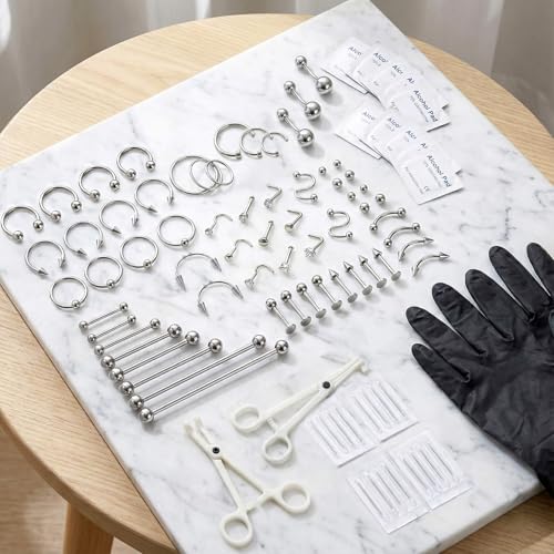 TKKUY 94PCS Mixed-pack Piercing Kits for All Body Piercings Stainless Steel 14G 16G 20G Jewelry and Needle with Tools Nose Septum Lip Ear Belly Button Cartilage Tragus