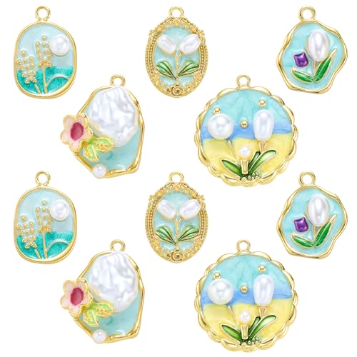 Flower Charms 18K Gold Plated Brass Enamel Charms Vintage Floral Pendants for Bracelet Earring Necklace - color: Blue Series
