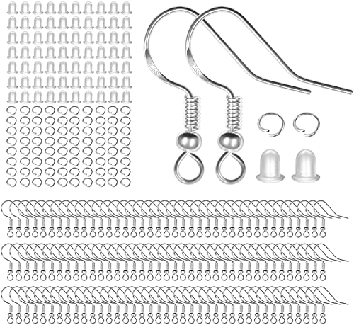 925 Sterling Silver Earring Hooks, 750PCS Earring Hooks Kit 250PCS/125Pairs Hypoallergenic Ear Wires with 250PCS Silver Open Jump Rings and 250PCS Rubber Backs Earwire for Jewelry Making - size: 750pcs-silver