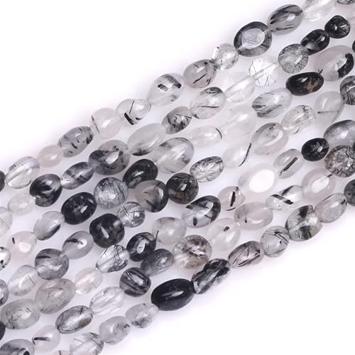 HAAMIIQII Natural Black Rutilated Quartz Crystal Pebble Stone 5-8mm Small Irregular Freeform Tumbled Loose Gemstone Beads for Jewelry Making Strand 15 Inch (45-50pcs) - color: Black Rutilated Quartz