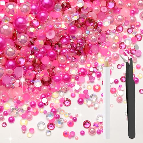 80g Mix Flatback Pearls and Rhinestones for Crafts Pink Mixed Size 2mm-10mm Half Round Pearls Rhinestones for Nail Art Tumblers Shoes DIY Bedazzling with Tweezers Wax Pen - color: Pink