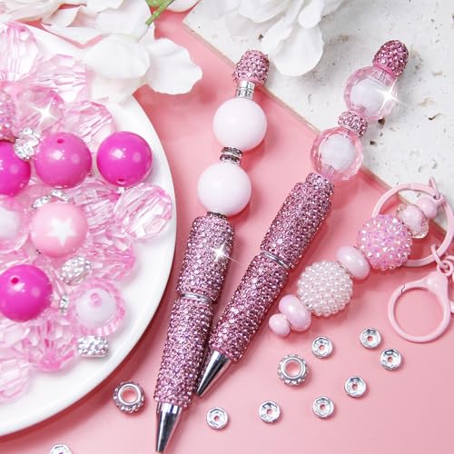 106Pcs 20mm Beads for Pens Making with Rondelle Spacer Beads Pink Acrylic Focal Bubblegum Bead Crystal Round Sparkly Chunky Bead for Pens Beadable Keychain Necklace DIY Craft Jewelry Making Supplies - color: Pink